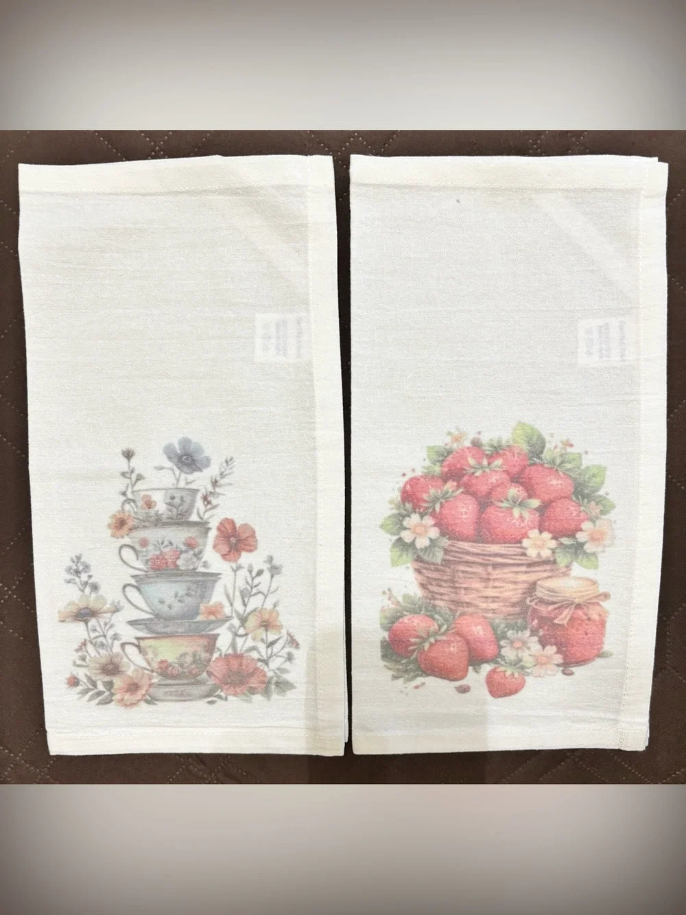 NEW White Floral Tea Cup & Strawberry Kitchen TeaTowels - Set of 2
